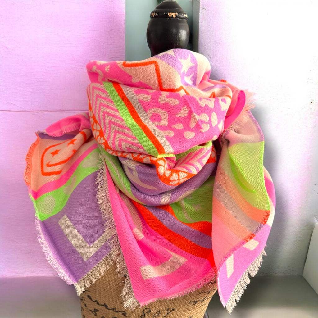 XL Premium Schal – Pink, Flieder & Neongrün | 100 % Viskose
